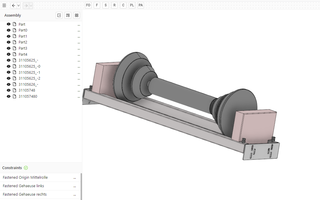 A Buerligons assembly: the roller fastened into its frame, with the constraints listed under the tree